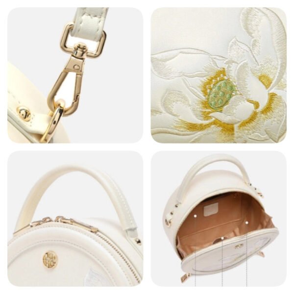 Embroidery Leather White Round Handbag Lotus - 图片 6