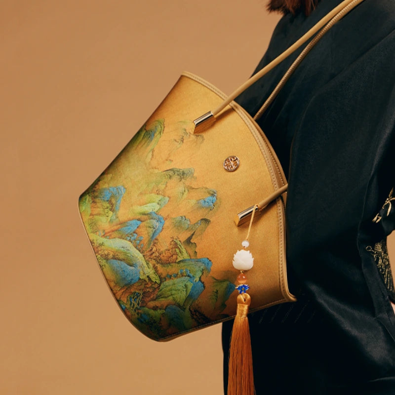 Chinese Painting Mulberry Silk Tote Bag Green Women Handbag - 图片 3