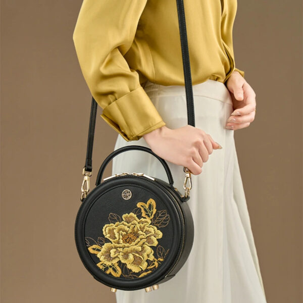 Embroidery Leather Round Handbag High Luxury Royal Gold Peony - 图片 2
