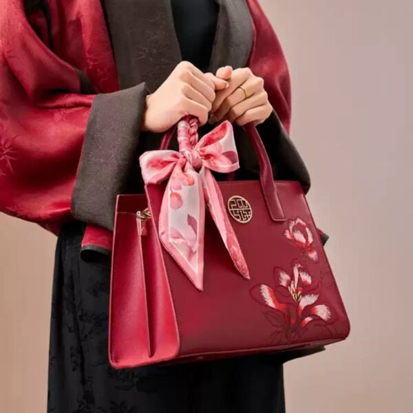 Embroidery Leather White Commuting Handbag Orchid with Scarf - 图片 10