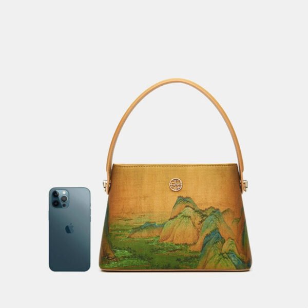 Chinese Painting Mulberry Silk Gold Bucket Handbag - 图片 8