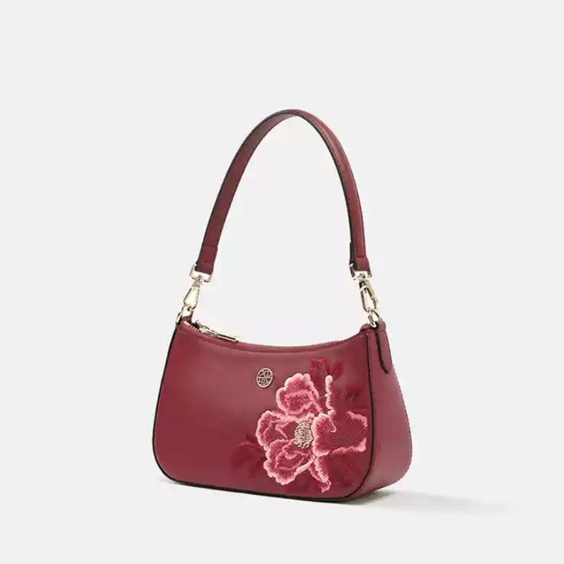 Embroidery Leather Red Shoulder Bag Peony Women's Hobo Handbag - 图片 14