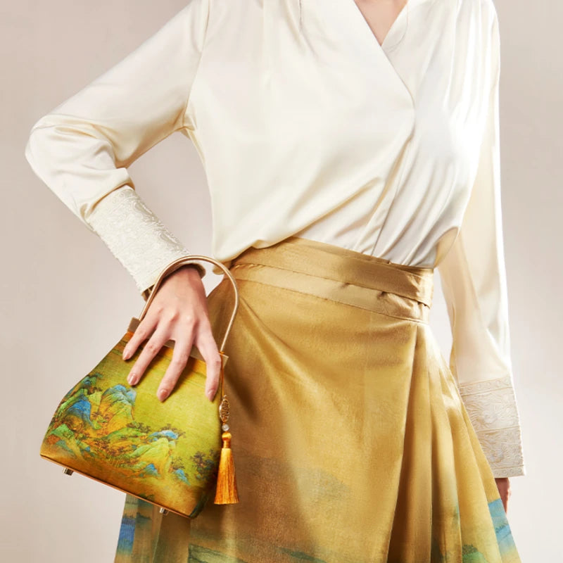 Chinese Painting Mulberry Silk Lux Kiss Lock Clutch Handbag - 图片 2