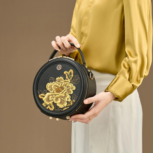 Embroidery Leather Round Handbag High Luxury Royal Gold Peony - 图片 3