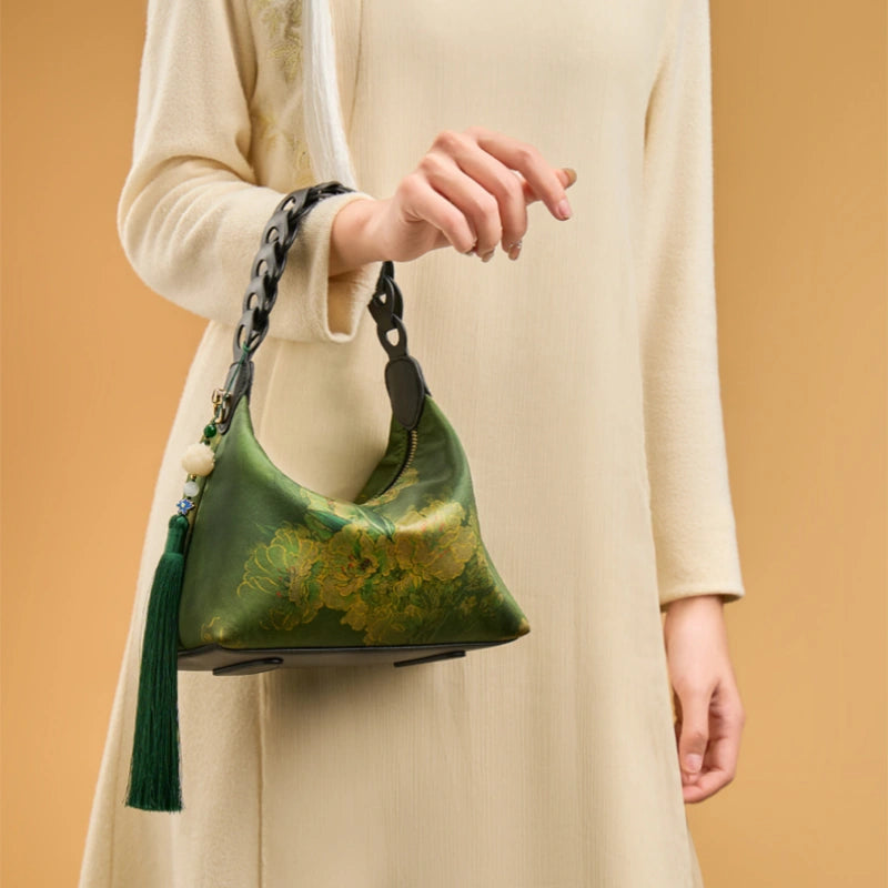 Xiangyunsha Silk Dark Green Mulberry Silk Shoulder Bag - 图片 3