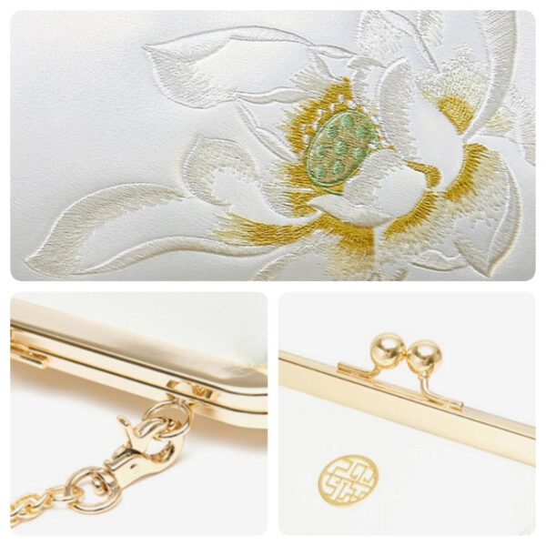 Embroidery Leather Kiss Lock Clutch Bag Lotus Evening Handbag - 图片 13