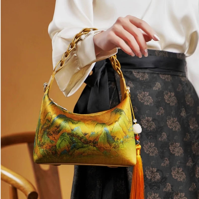Chinese Painting Xiangyunsha Silk Shoulder Bag Designer Handbag - 图片 2