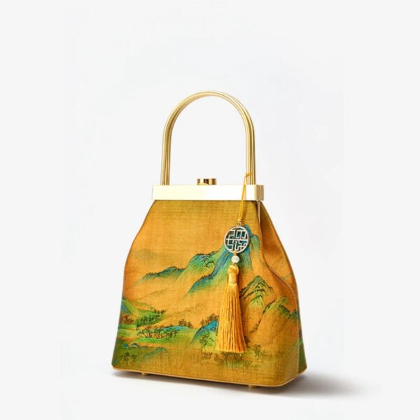 Chinese Painting Mulberry Silk Lux Kiss Lock Clutch Handbag - 图片 7