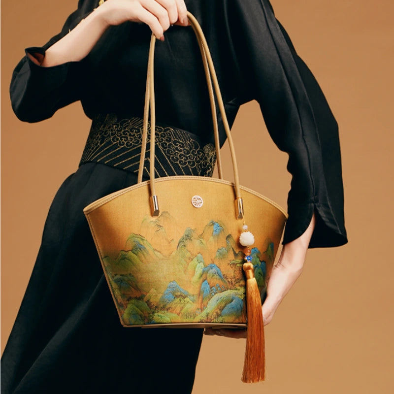 Chinese Painting Mulberry Silk Tote Bag Green Women Handbag - 图片 2