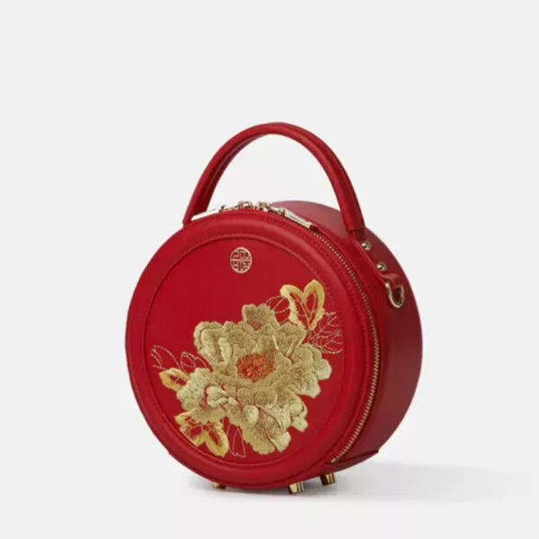 Embroidery Leather Round Handbag High Luxury Royal Gold Peony - 图片 8
